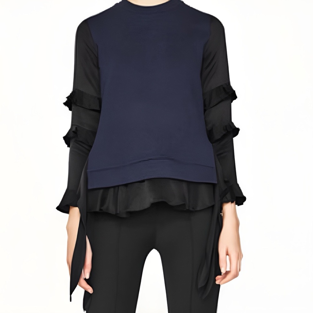 ZARA Navy Blue + Black Satin Contrast Layered Sweater Sweatshirt Blouse